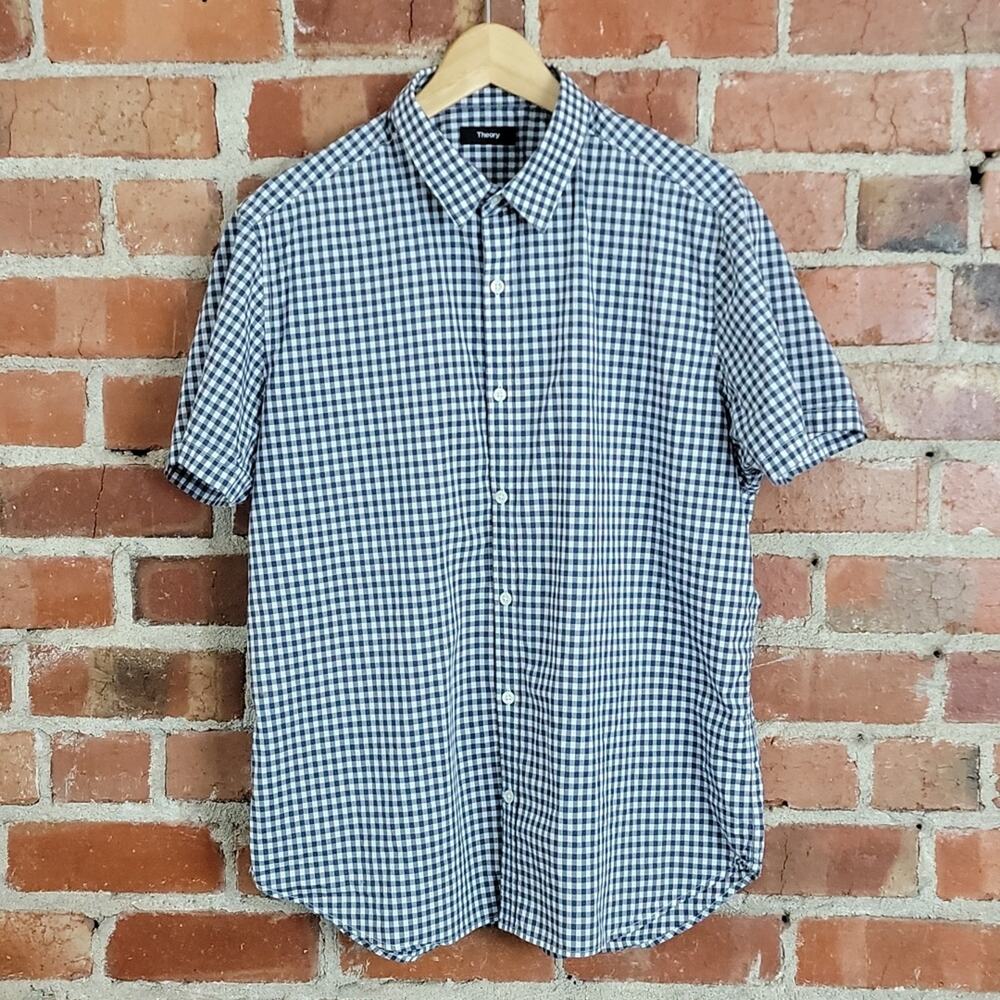 Theory short sleeve button-up navy gingham shirt men's XL